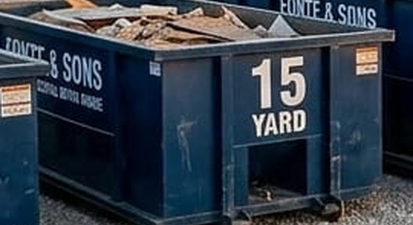 A clean, correctly-labeled 15 yard Fonte & Sons Dumpster Rental roll-off container staged at the company yard