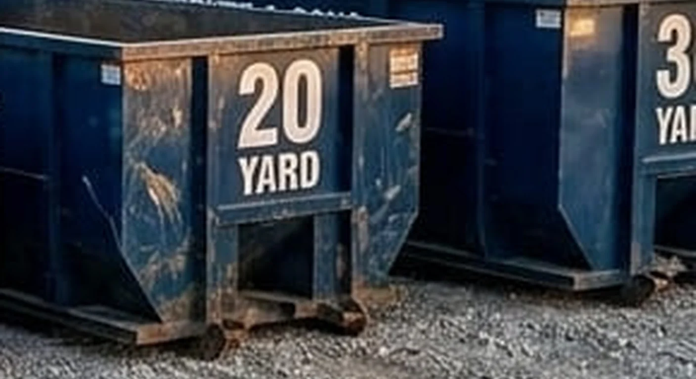 A clean, correctly-labeled 20 yard Fonte & Sons Dumpster Rental roll-off container staged at the company yard