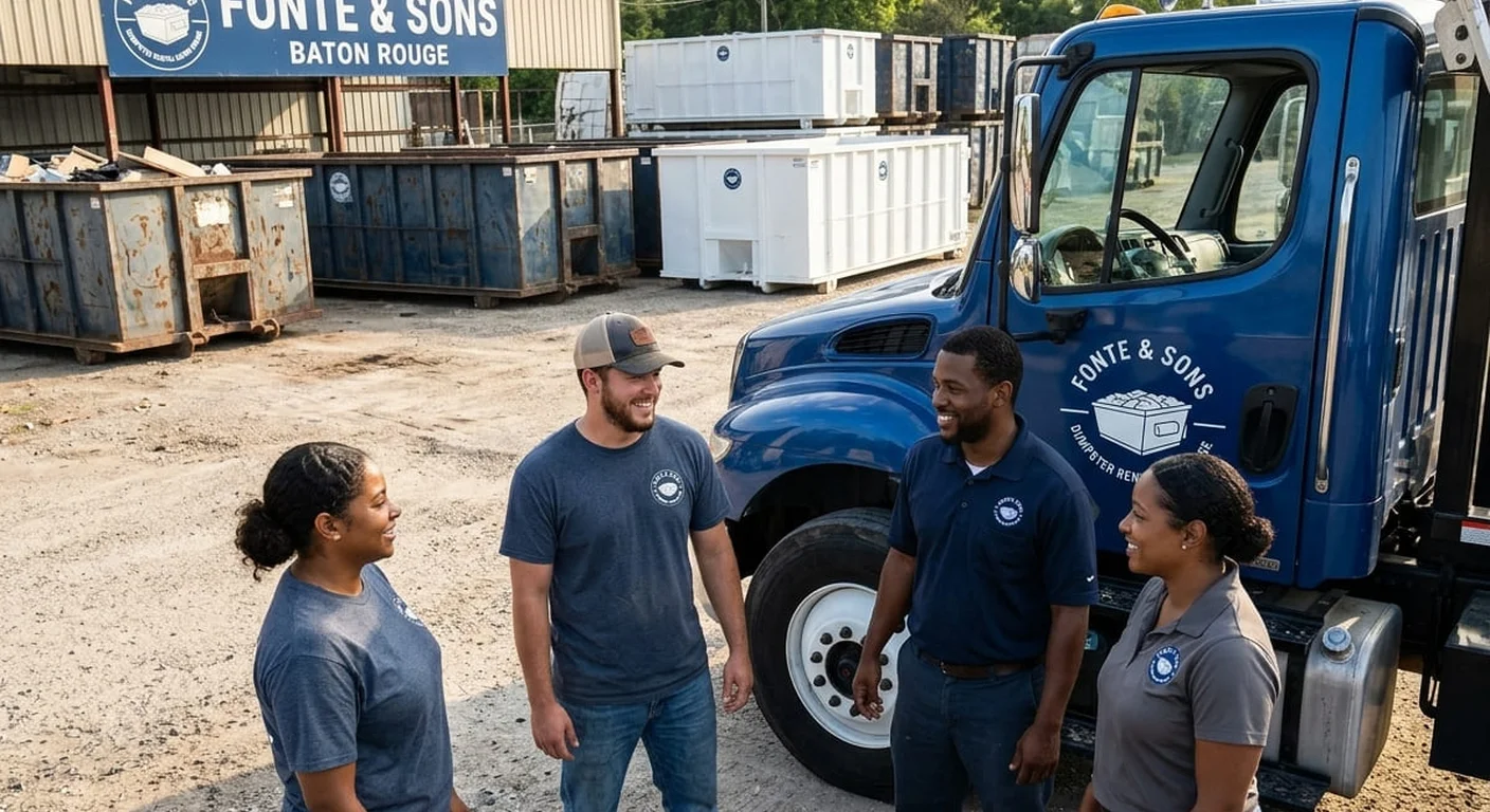 Fonte & Sons Dumpster Rental team talking through a commercial dumpster drop in Baton Rouge