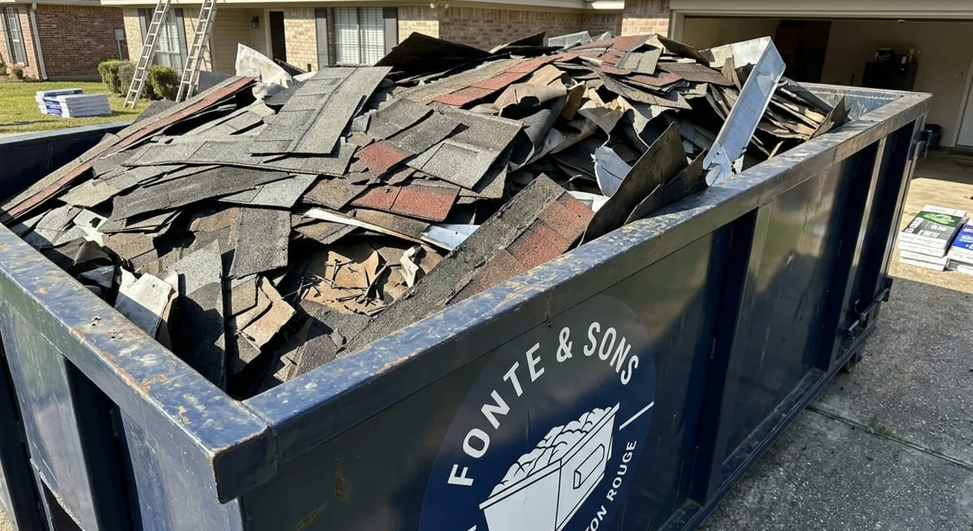 Fonte & Sons Dumpster Rental dumpster filled with real construction debris on a Baton Rouge job site