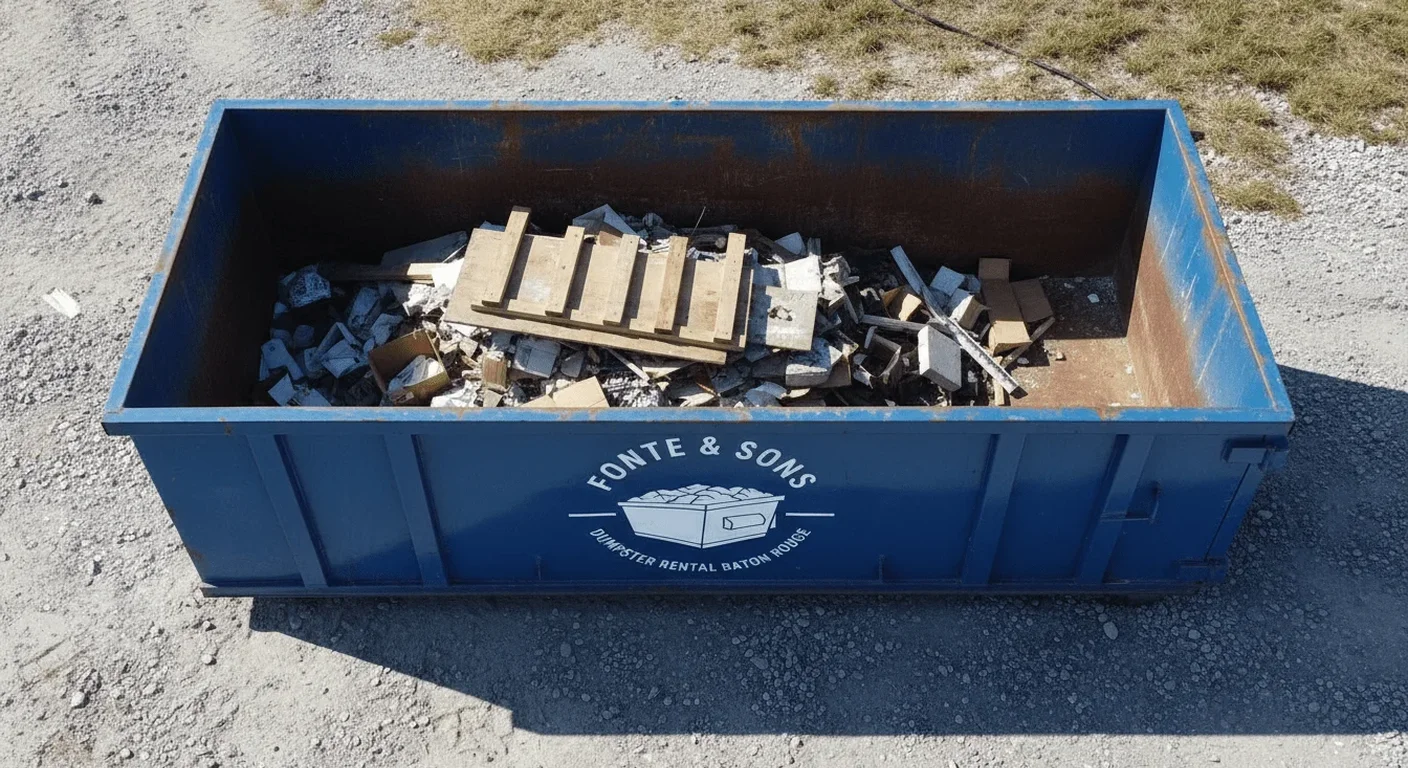 Fonte & Sons Dumpster Rental dumpster filled with real roofing tear-off debris in Baton Rouge