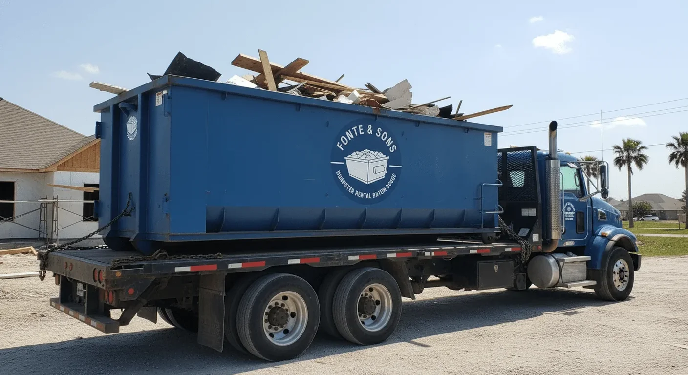 A Fonte & Sons Dumpster Rental truck delivering a roll-off dumpster to an active job site in St. George, LA
