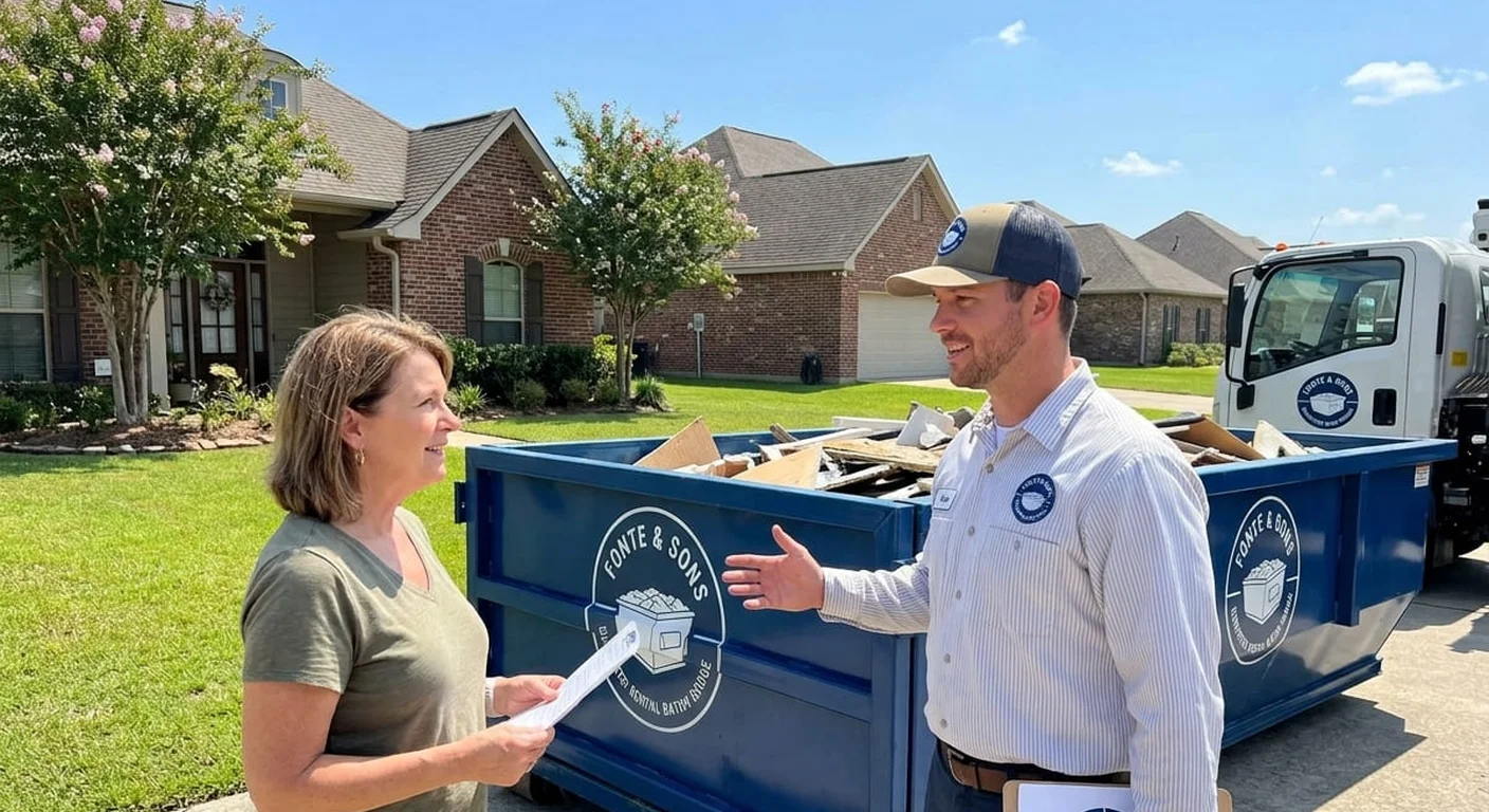 Free Dumpster Rental Consultation - Baton Rouge, LA A Fonte & Sons Dumpster Rental driver talking through delivery details with a homeowner in Baton Rouge