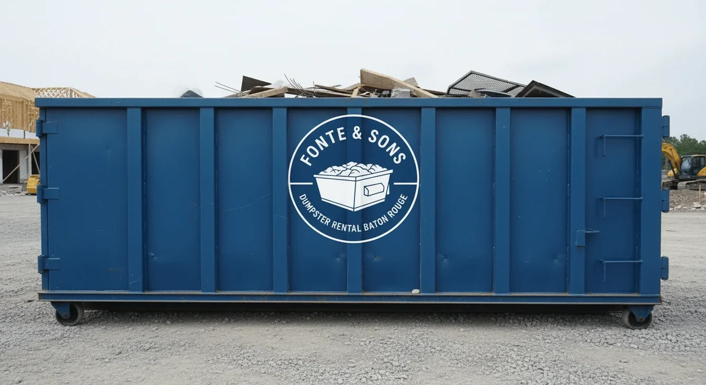 A Fonte & Sons Dumpster Rental roll-off dumpster staged for a job near Zachary, LA