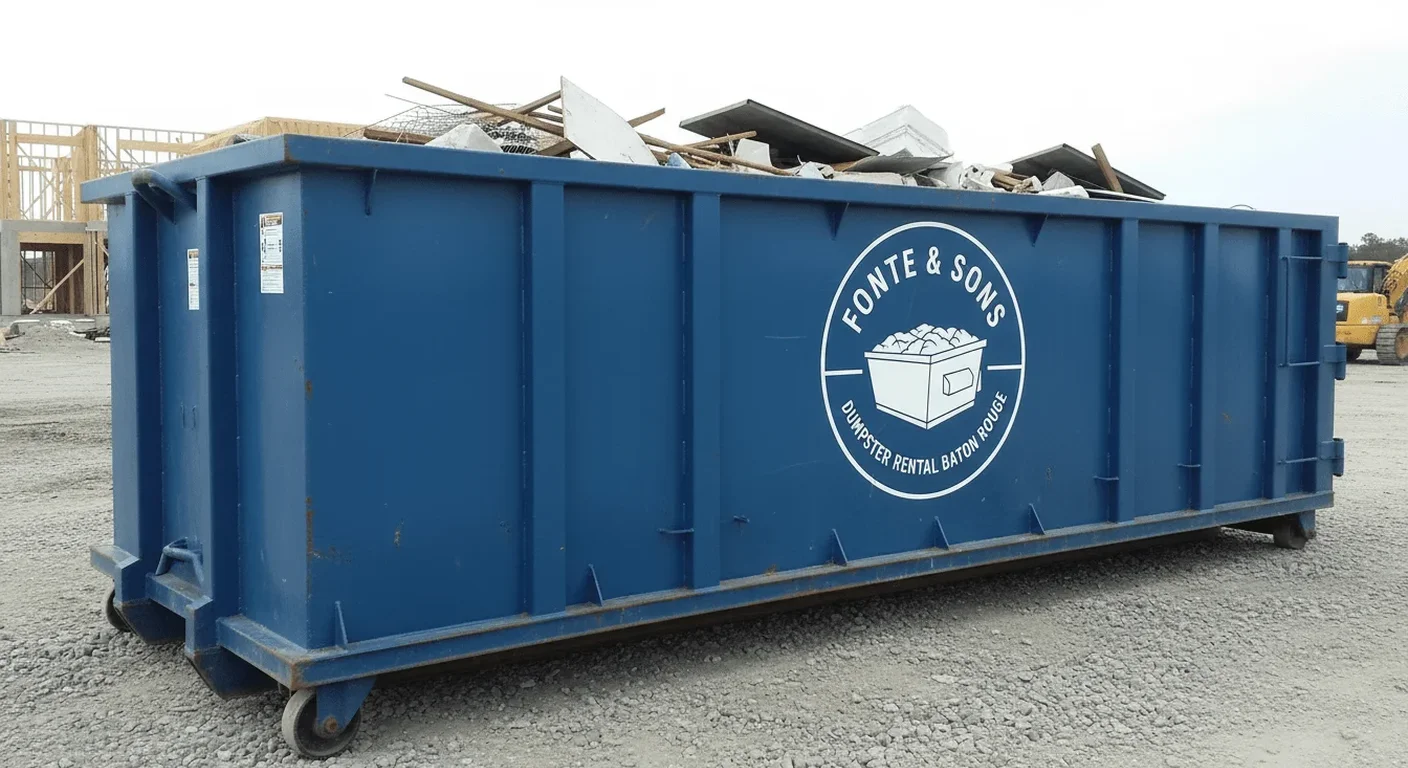 An empty Fonte & Sons Dumpster Rental dumpster staged and ready for a junk-removal job in Gonzales, LA
