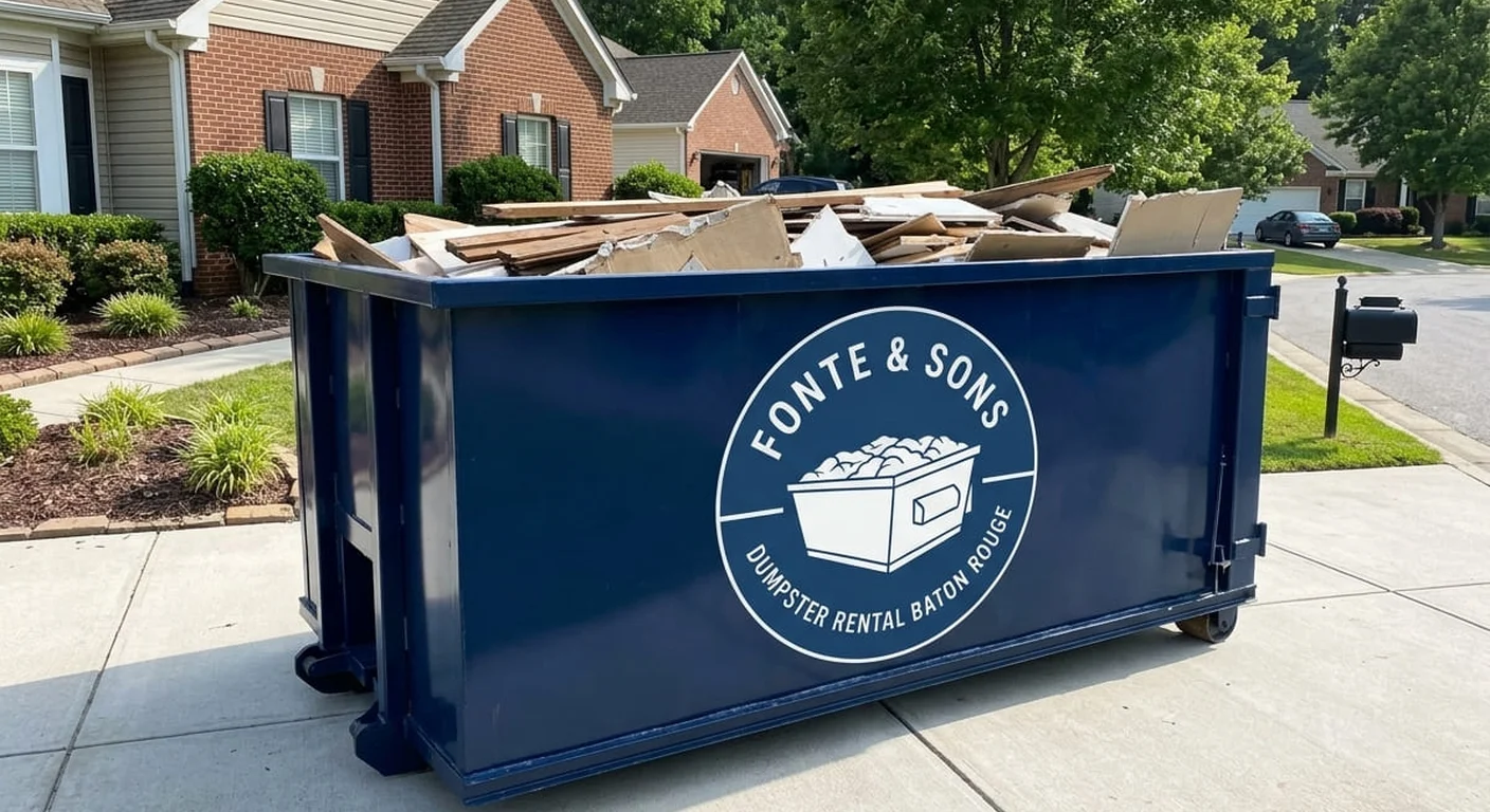 A Fonte & Sons Dumpster Rental dumpster delivered to a residential driveway in Central, LA for a home cleanout project