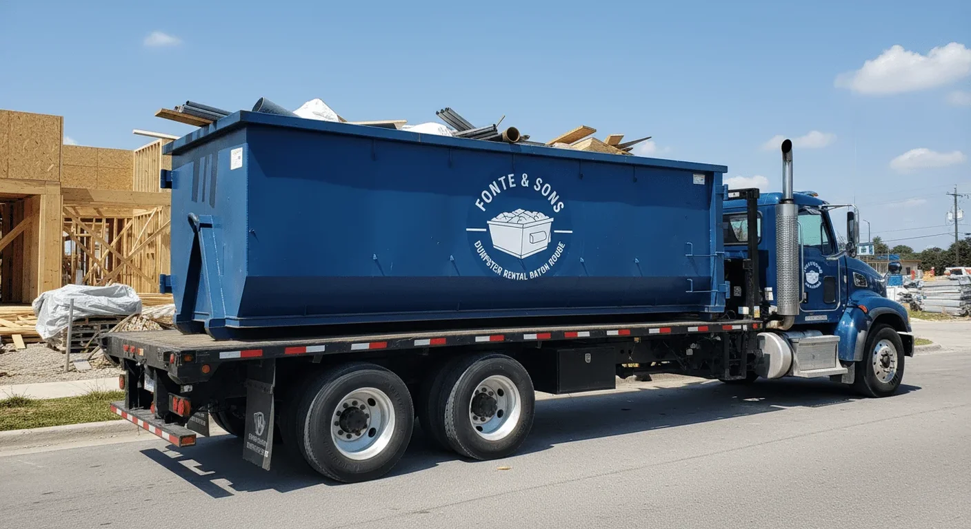 A Fonte & Sons Dumpster Rental roll-off dumpster truck, ready for drop-off in Baker, LA