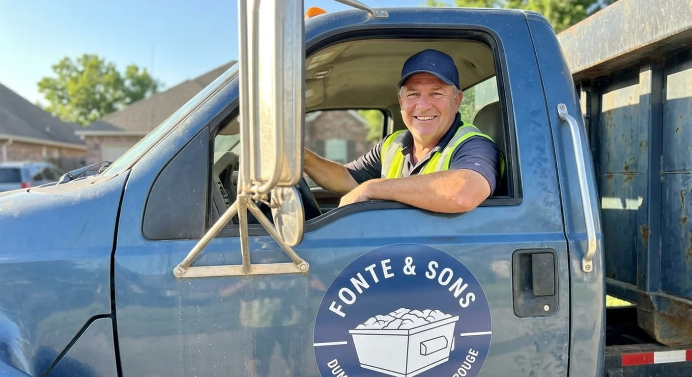 Fonte & Sons Dumpster Rental driver smiling from the cab of a delivery truck in Baton Rouge