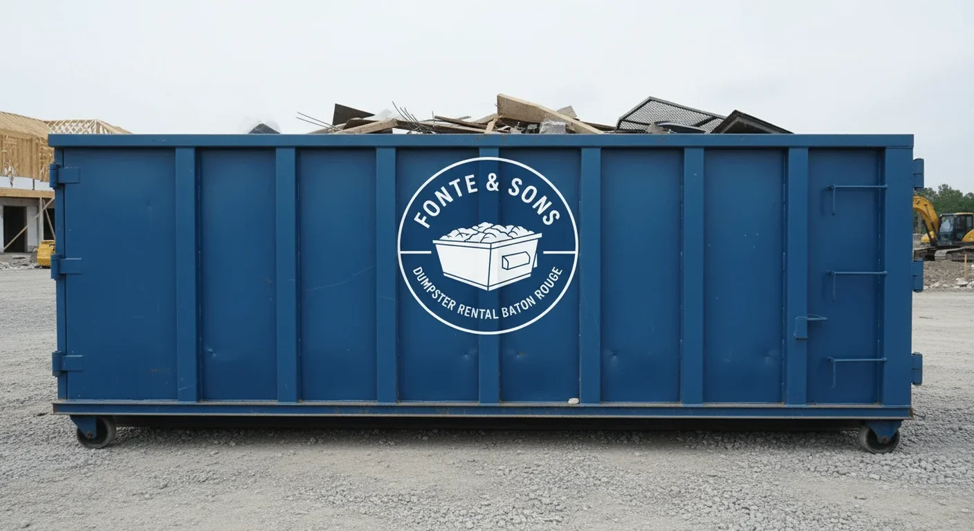 Fonte & Sons Dumpster Rental blue rented dumpster staged and ready for a yard-waste cleanup in Baton Rouge